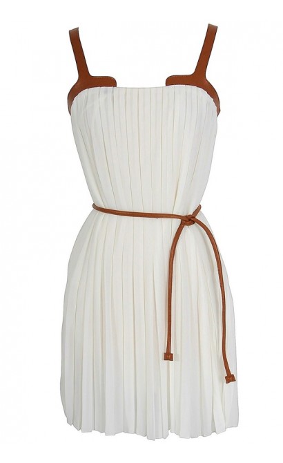 Leatherette Trim Pleated Chiffon Dress in White